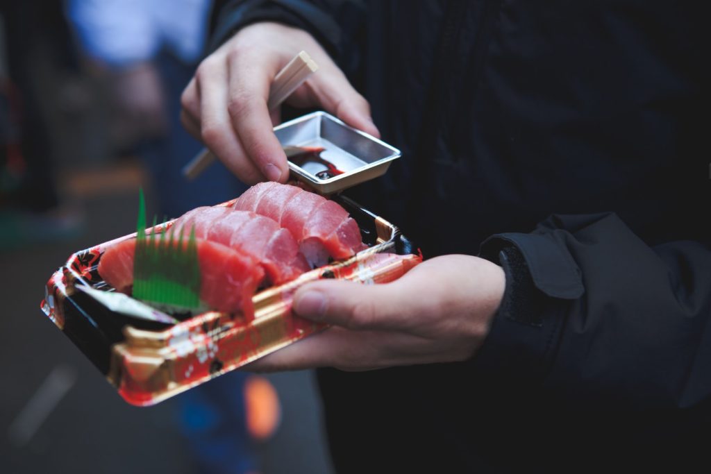 The Tokyo fish markets serve up some delicious Japanese foods, including this Tuna sashimi